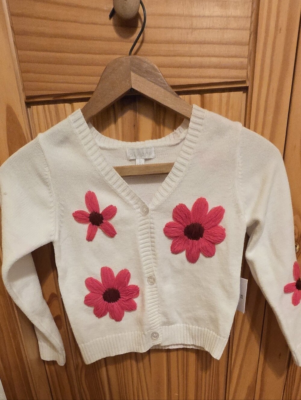 btween Girls Cream Cardigan with Pink Flower Appliqués Sz 5